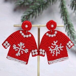 CHRISTMAS‎ SWEATER Red & White Seed Bead Earrings NWT